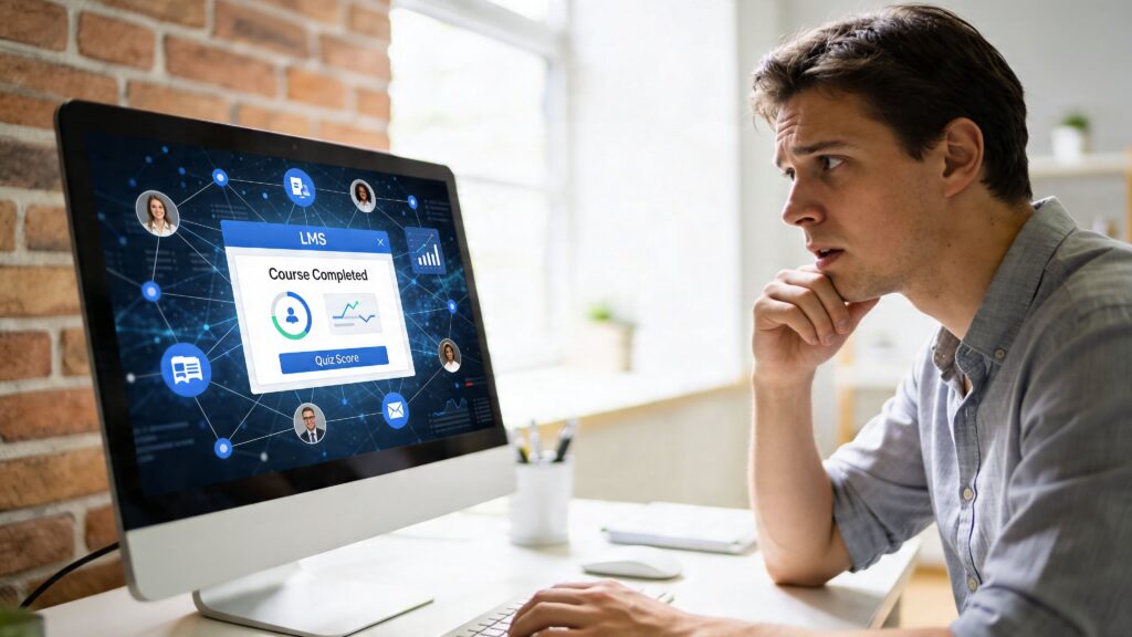 A man looking thoughtfully at his computer screen displaying a completed online learning management system course.