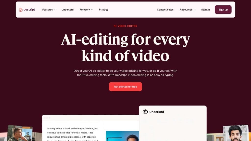 Descript's interface showing a video with transcribed text on the side, demonstrating its AI editing capabilities.