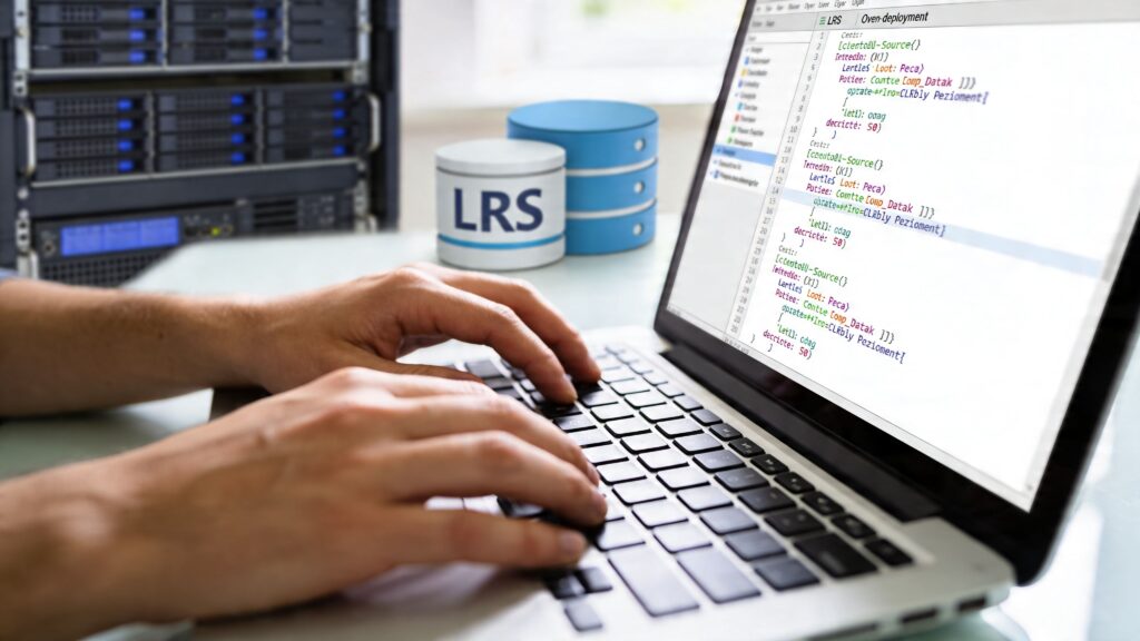A developer working on xAPI Learning Record Store code on a laptop in a server room.