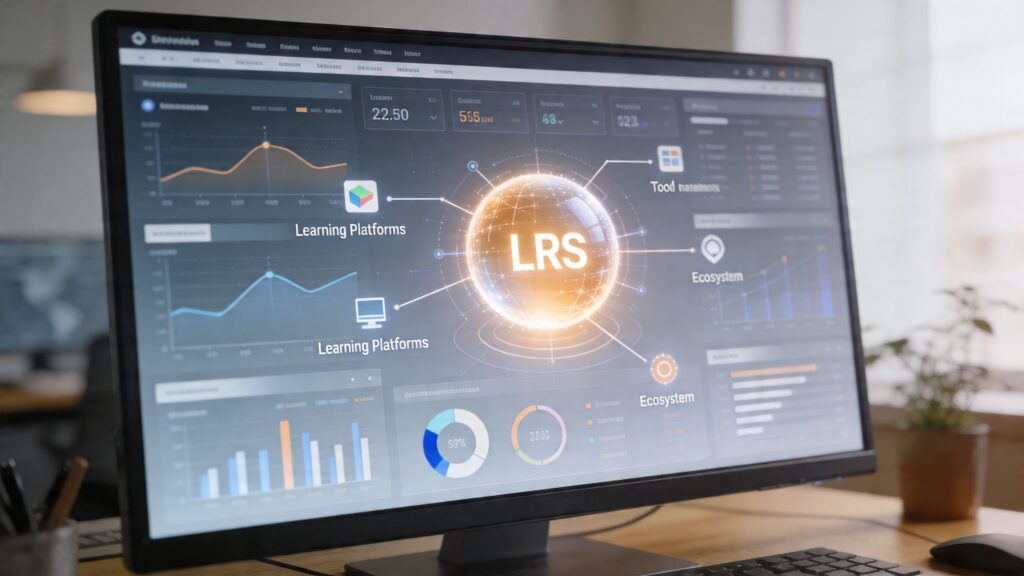 A computer monitor displaying an LRS dashboard with charts and diagrams visualizing learning data analytics.