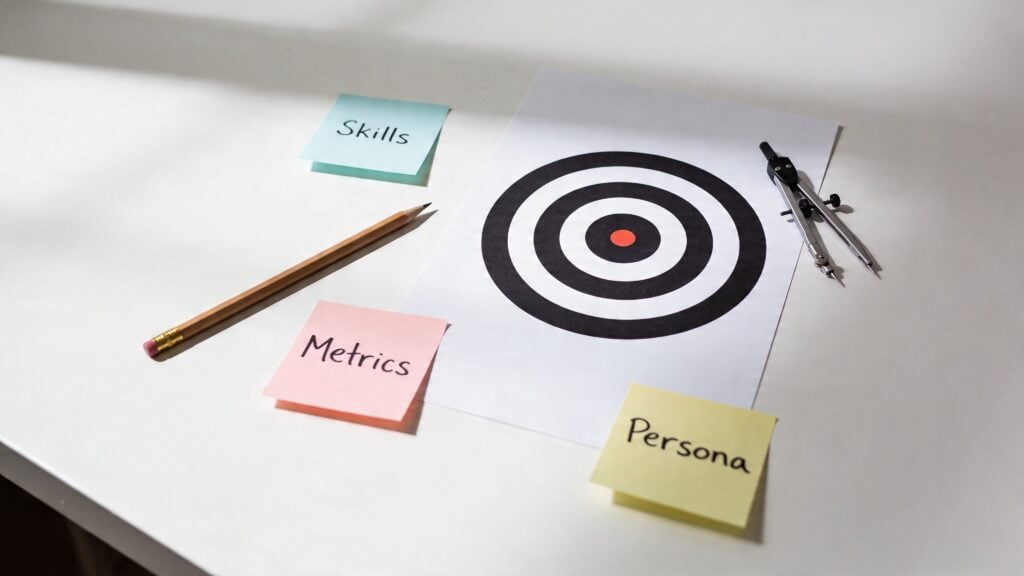 A conceptual desk workspace featuring a target diagram, a pencil, compass, and sticky notes labeled Skills, Metrics, and Persona.