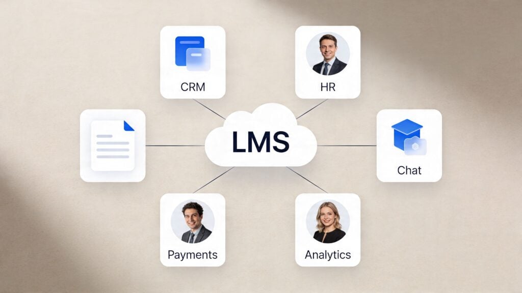 A diagram illustrating an LMS at the center connecting to CRM, HR, Chat, Payments, and Analytics modules.