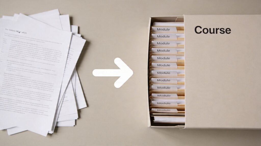 An arrow pointing from a stack of unorganized papers into a neatly organized course module filing box.