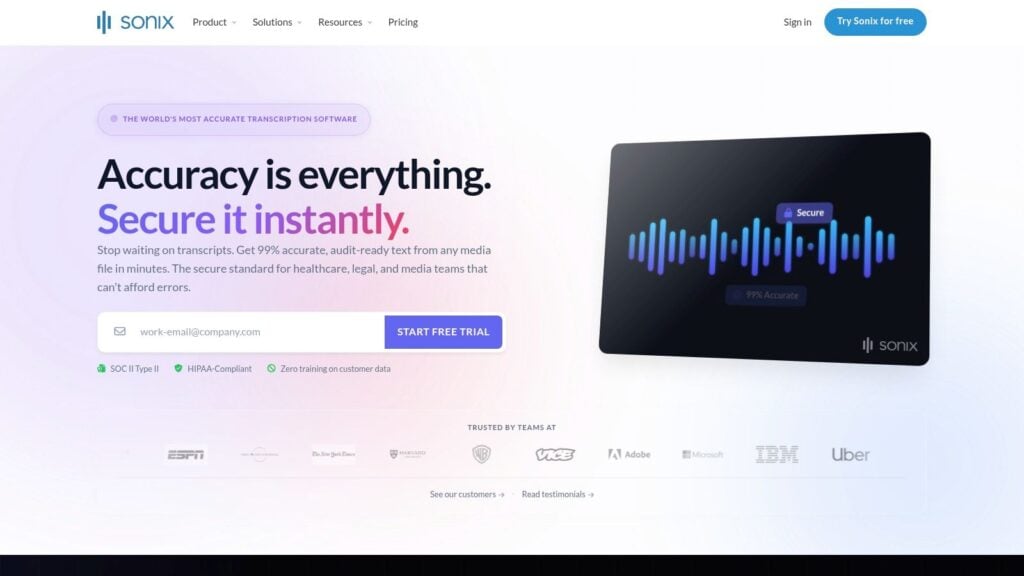 Sonix's interface showing a video with a transcript, highlighting its clean editor and functionality.