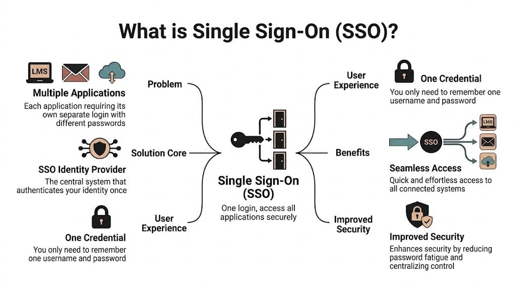 An infographic explaining Single Sign-On (SSO), showing how it simplifies access across multiple different software applications.