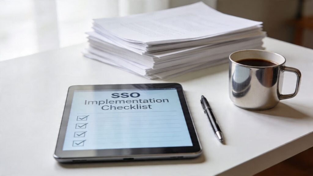 A tablet on a desk displaying an SSO Implementation Checklist alongside a stack of papers and coffee.