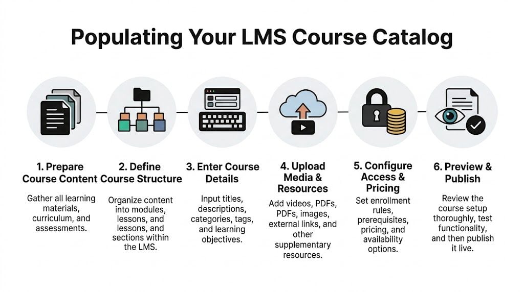 A six-step infographic illustrating the process of populating and setting up an LMS course catalog.