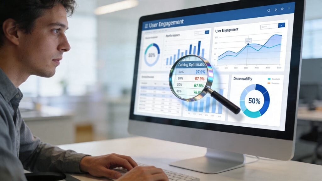 A professional analyzing data analytics and catalog optimization statistics on a computer screen using a magnifying glass.
