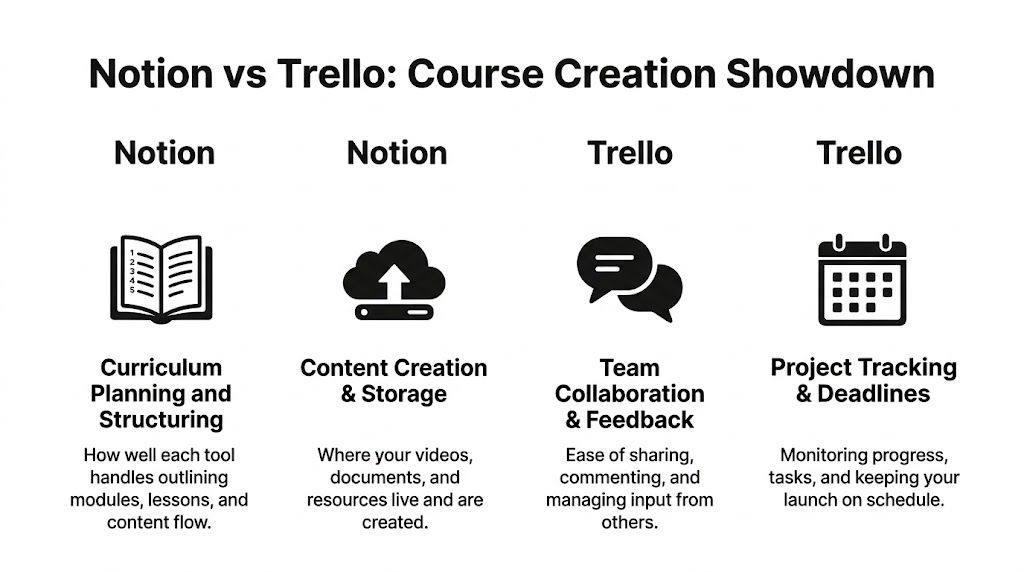 A comparison chart showing Notion and Trello strengths for planning, creating, and managing online course projects.