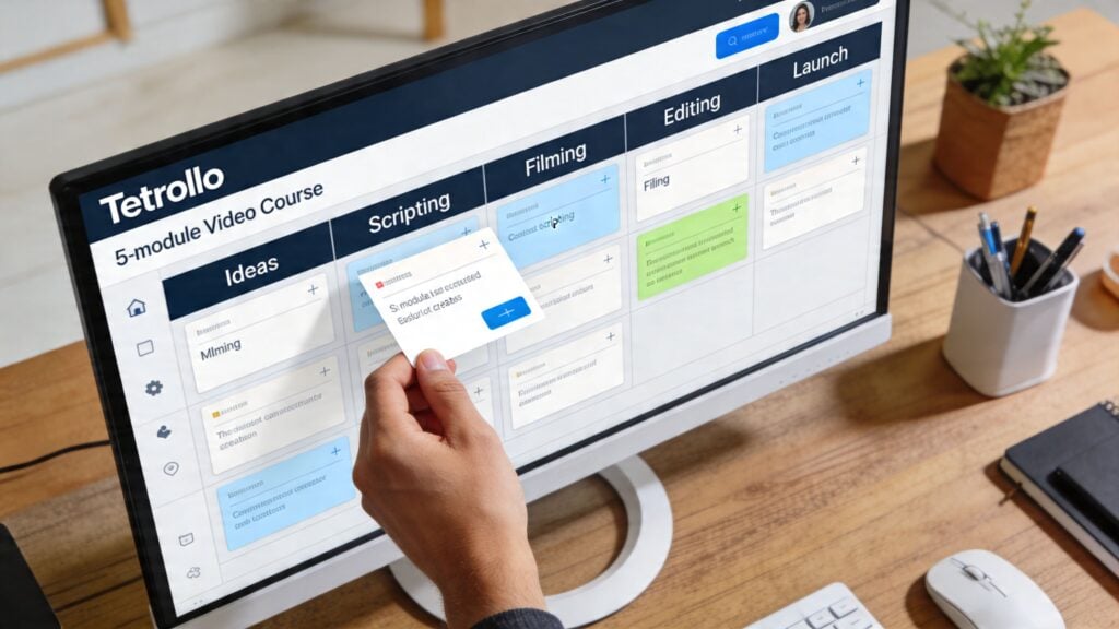 A hand placing a digital task card onto a Trello-like kanban board for managing video course creation.