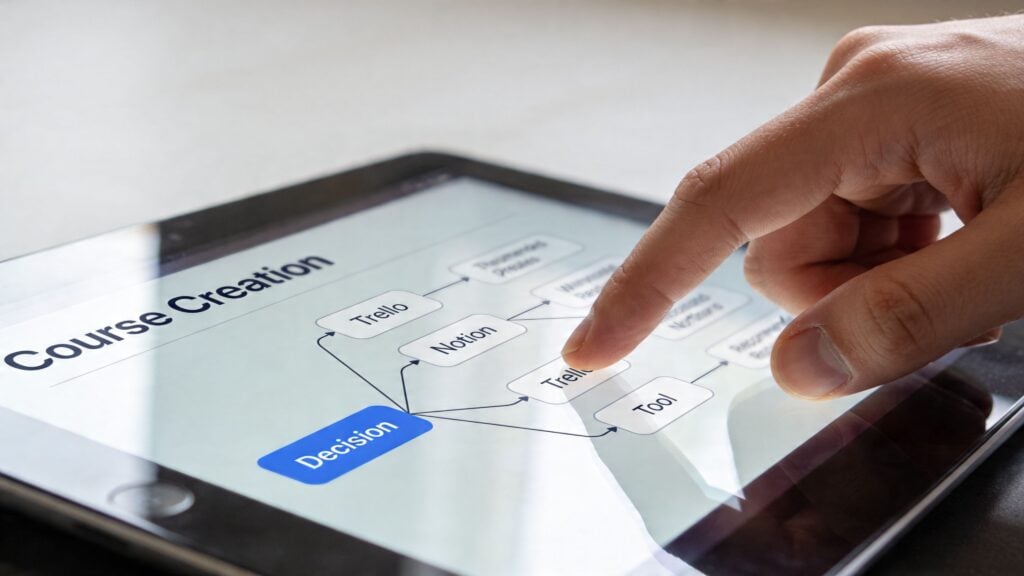 A hand interacting with a digital flowchart on a tablet exploring Trello and Notion for course creation.