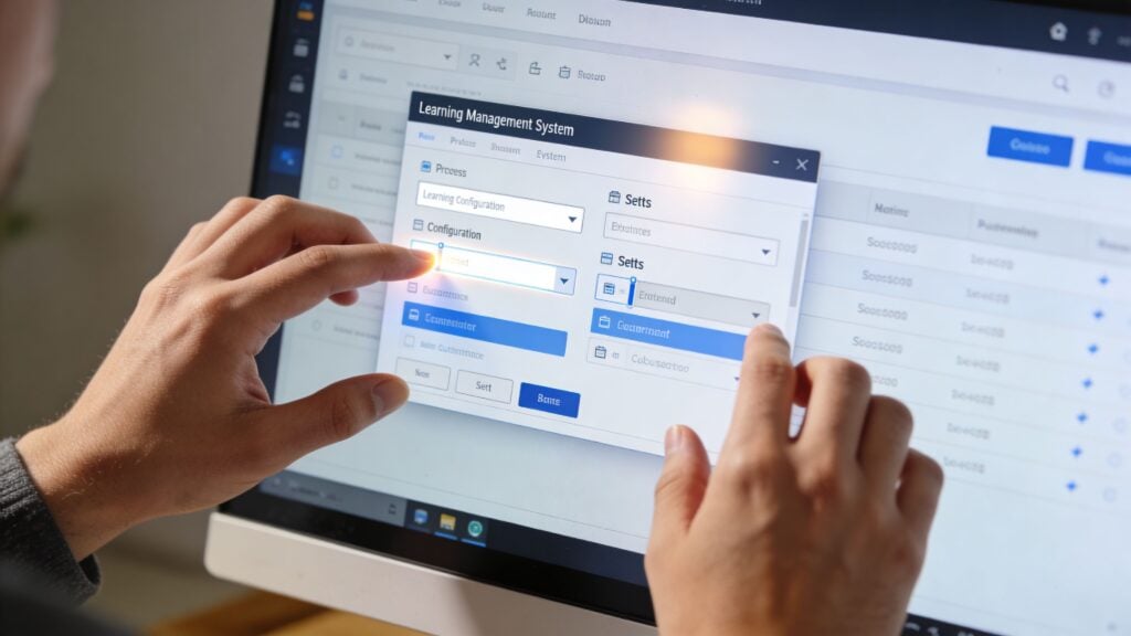 A close-up view of a professional interacting with a Learning Management System interface on a computer screen.