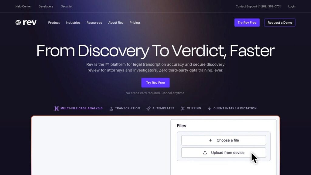 Rev's interface showing a video with a generated transcript ready for editing and export.