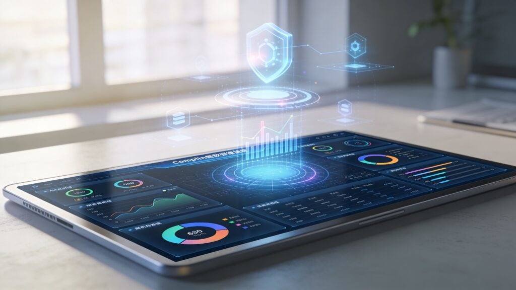 A digital tablet displaying holographic cybersecurity analytics and compliance data on a bright office desk.