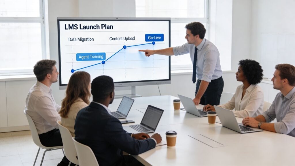 A professional business team in a boardroom listening to a presentation about an LMS launch plan.