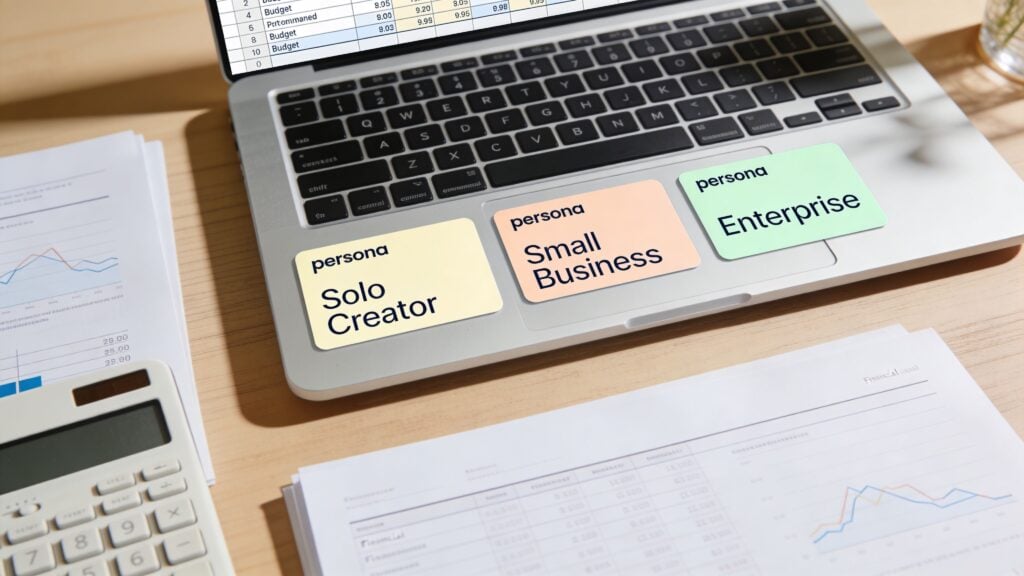 Three sticky notes on a laptop keyboard labeled Solo Creator, Small Business, and Enterprise for pricing tiers.