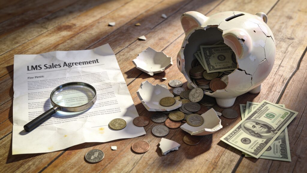 A broken piggy bank with money next to an LMS sales agreement contract and a magnifying glass.