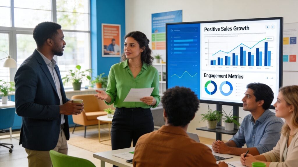 A professional team discussing business strategies and sales data analytics in a modern office meeting room.