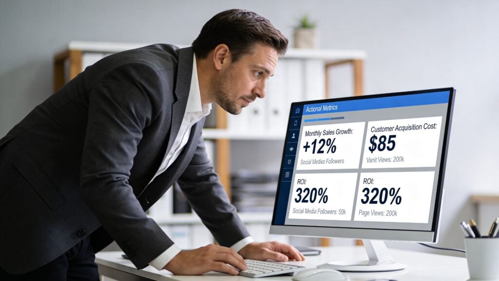 A professional businessman in a suit leaning over his desk to review digital analytics on a monitor.