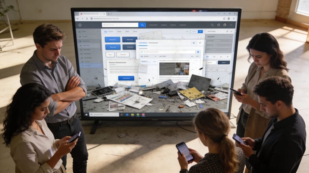 A diverse group of professionals looking at a large interactive screen displaying complex data while using smartphones.
