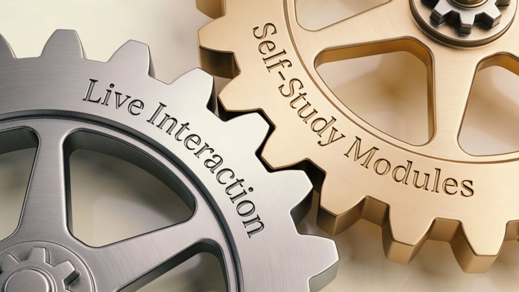 Two interlocking gears representing a balance between live interaction and self-study modules for educational models.