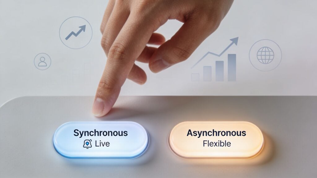 A hand pressing a button for synchronous live interaction compared to an asynchronous flexible alternative choice.