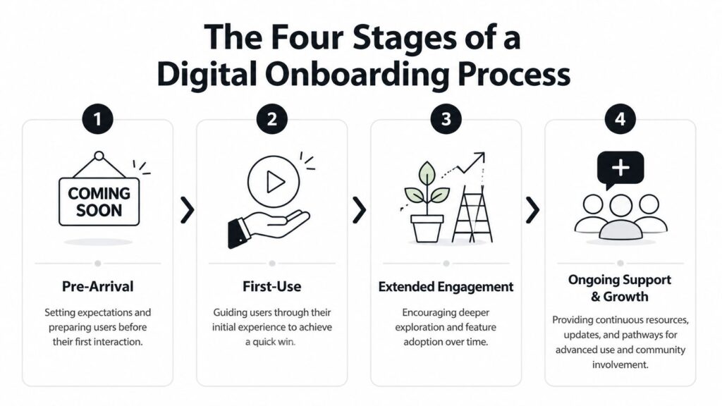 A diagram illustrating the four stages of a digital onboarding process, from pre-arrival to ongoing growth.