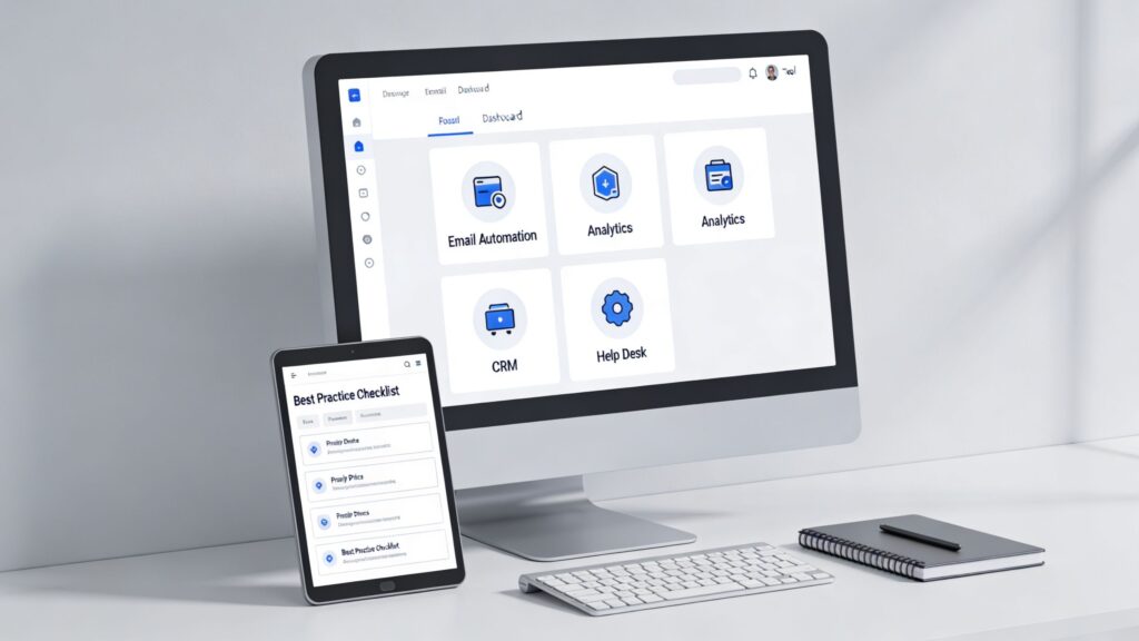 Computer monitor and tablet displaying business dashboard software interfaces on a clean white office desk.