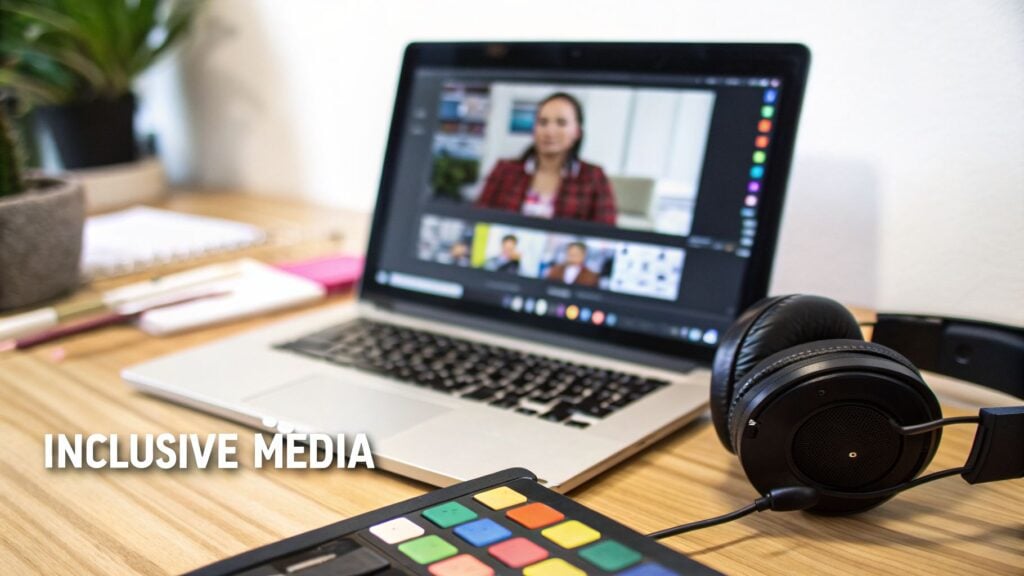 A laptop displays a video conference with several people, accompanied by headphones and a control panel, representing inclusive media.