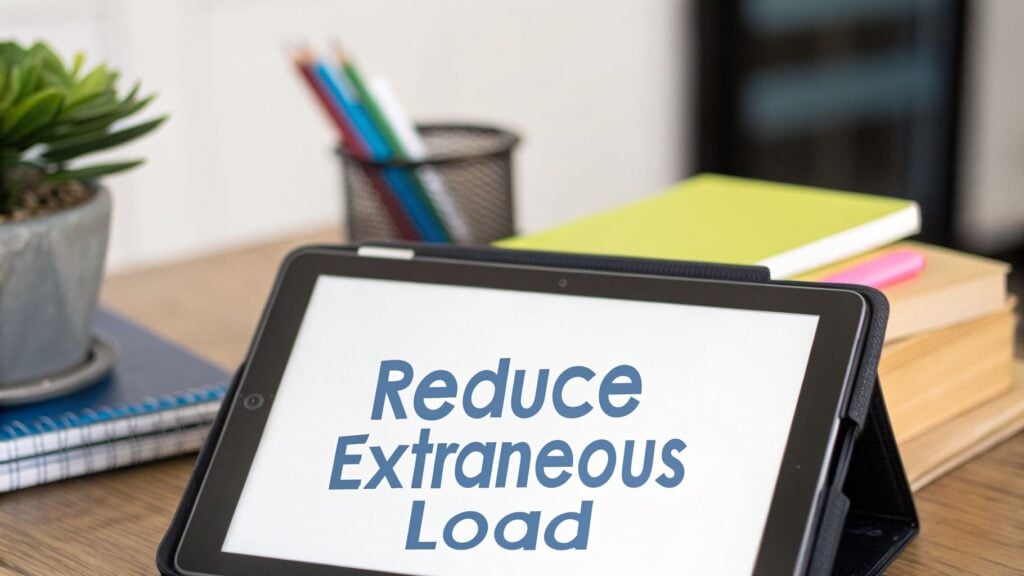 A tablet on a desk displays 'Reduce Extraneous Load,' surrounded by a plant, notebooks, and pencils.