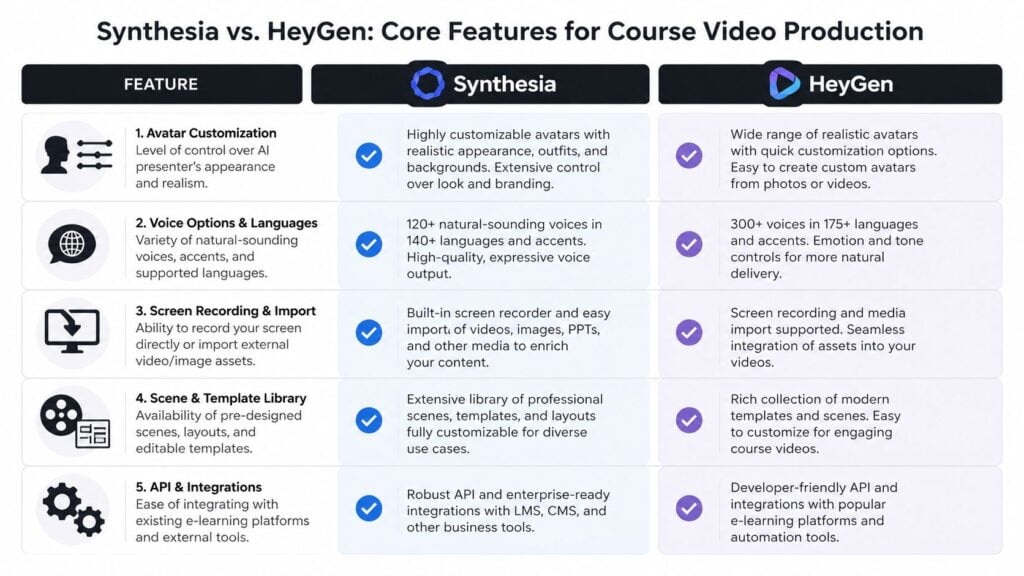 A comparison table outlining key features of Synthesia versus HeyGen for creating professional AI course videos.