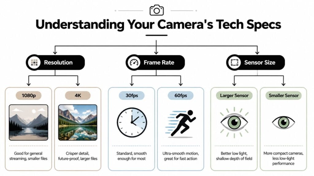 An infographic titled Understanding Your Camera's Tech Specs explaining resolution, frame rate, and sensor size concepts.