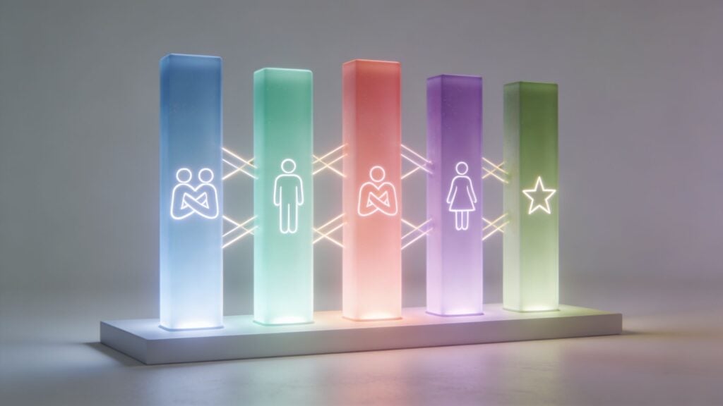 Glowing colorful pillars showing icons for partnership, individuals, and success in a cooperative learning concept.