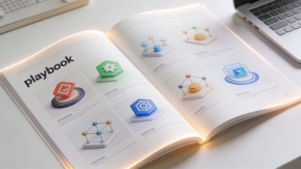 An open guidebook titled playbook featuring various 3D icons and diagrams displayed on a white desk.