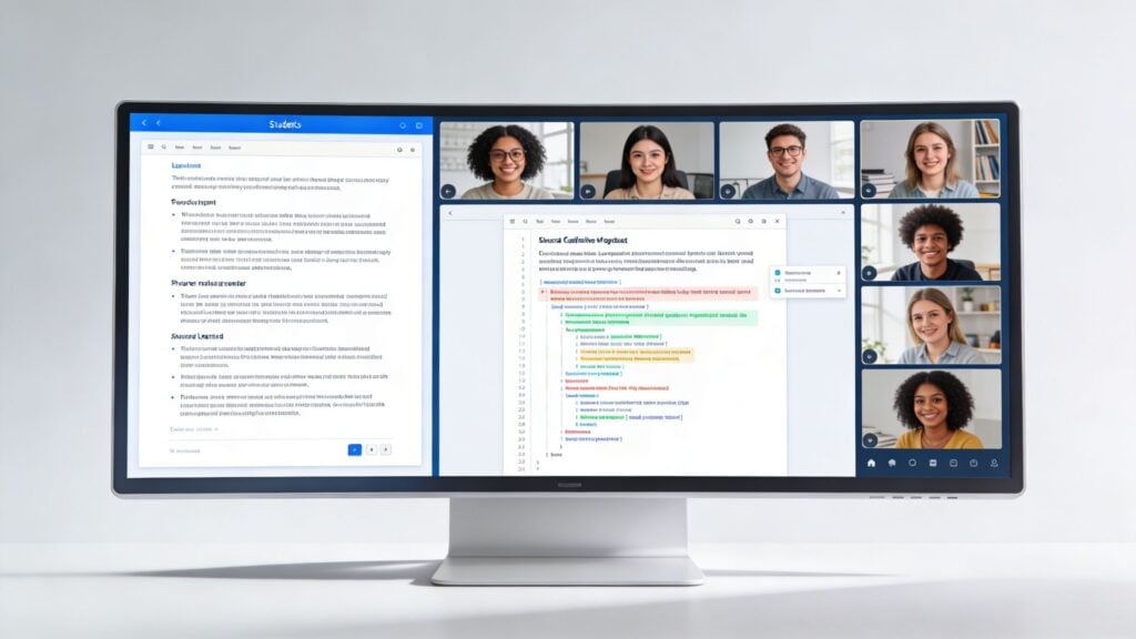 A wide monitor displaying a video conferencing platform with students collaborating on a shared coding assignment.