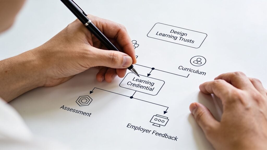 A close-up view of a person using a pen to draw a learning credential flow chart.