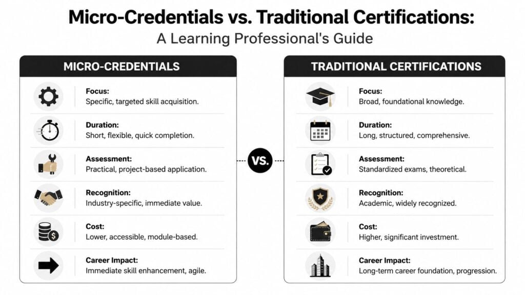A comparison chart showing differences between micro-credentials and traditional certifications regarding focus, duration, assessment, recognition, cost, and impact.