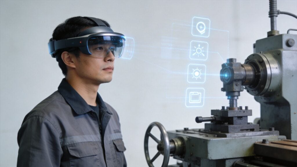 A technician wears augmented reality glasses to interact with digital menus while operating industrial machinery in a factory.
