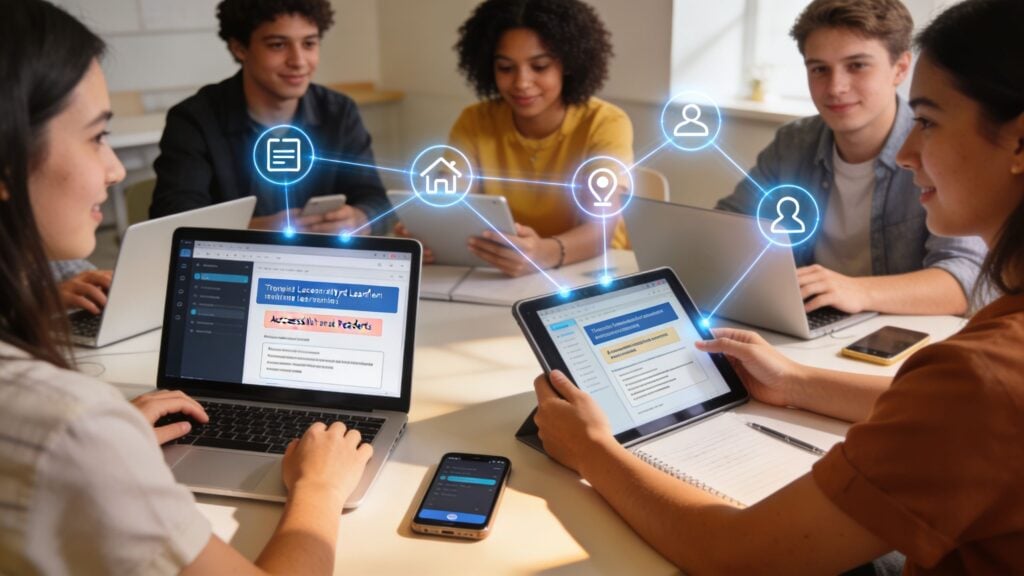 A diverse group of students collaborating on a project with digital connectivity icons hovering above their laptops.