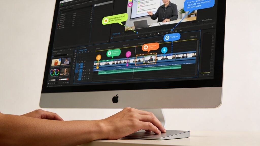 A person using a Mac computer with video editing software to create online educational course content.