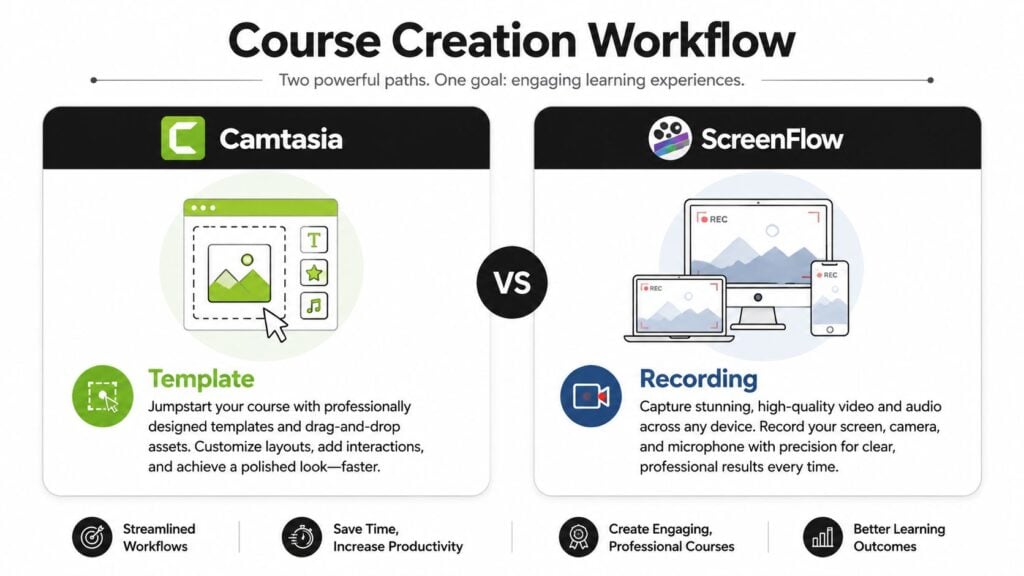 A comparison graphic showing Camtasia's template-based workflow versus ScreenFlow's recording-focused approach for course creation.