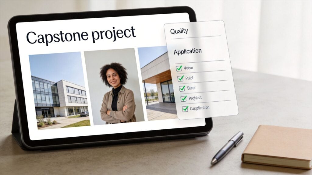 A digital tablet displaying a capstone project presentation with building photos and a quality checklist interface.