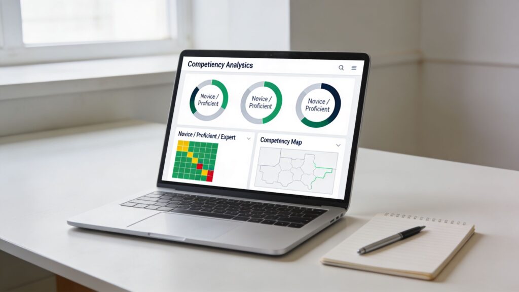A laptop on a white desk displaying a competency analytics dashboard with charts and a heat map.