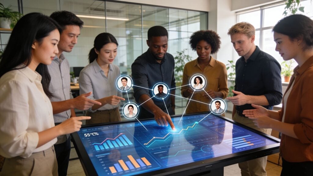 A diverse business team collaborating on a digital touch screen table with data visualizations and team portraits.