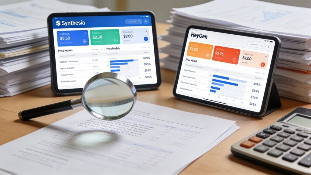 Tablets displaying Synthesia and HeyGen price comparisons alongside stacks of paper documents and a magnifying glass.