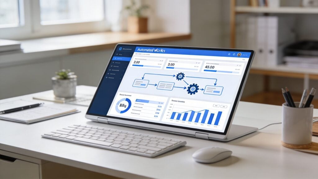 A modern laptop displaying a dashboard for an automated workflow software on a white office desk.