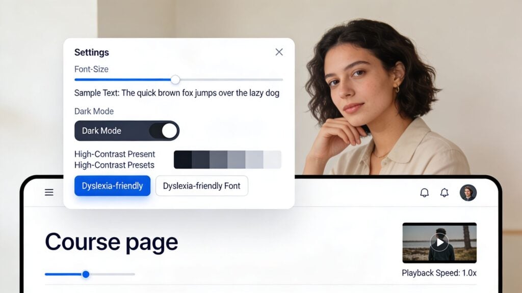 A digital course interface settings menu displaying accessibility features like font size, dark mode, and dyslexia-friendly font options.
