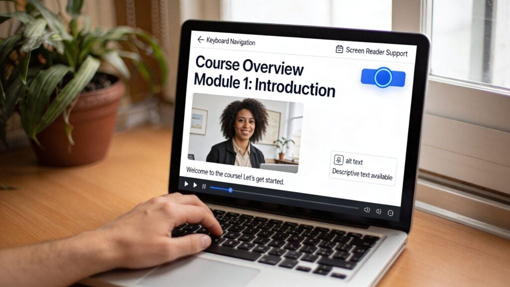 A person using a laptop to access an e-learning course with accessibility features enabled.