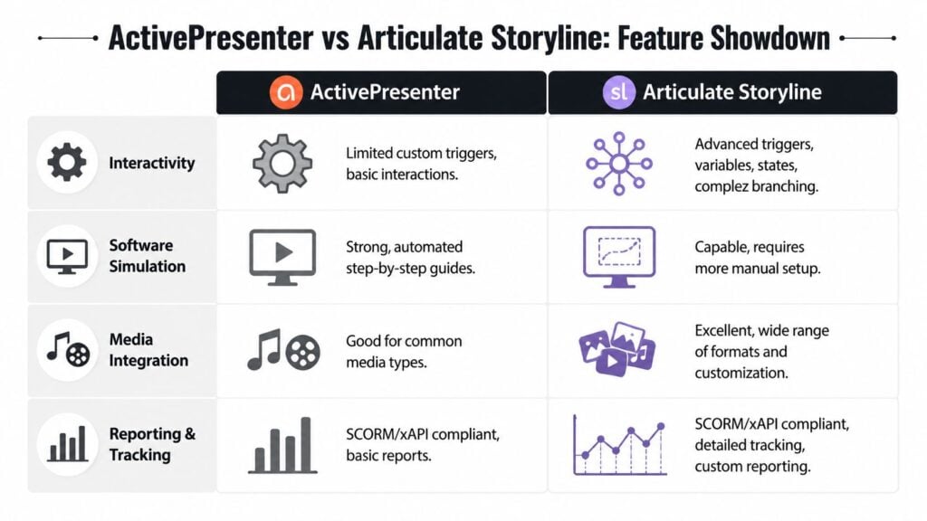 A comparison chart highlighting the key features of ActivePresenter and Articulate Storyline software for e-learning development.