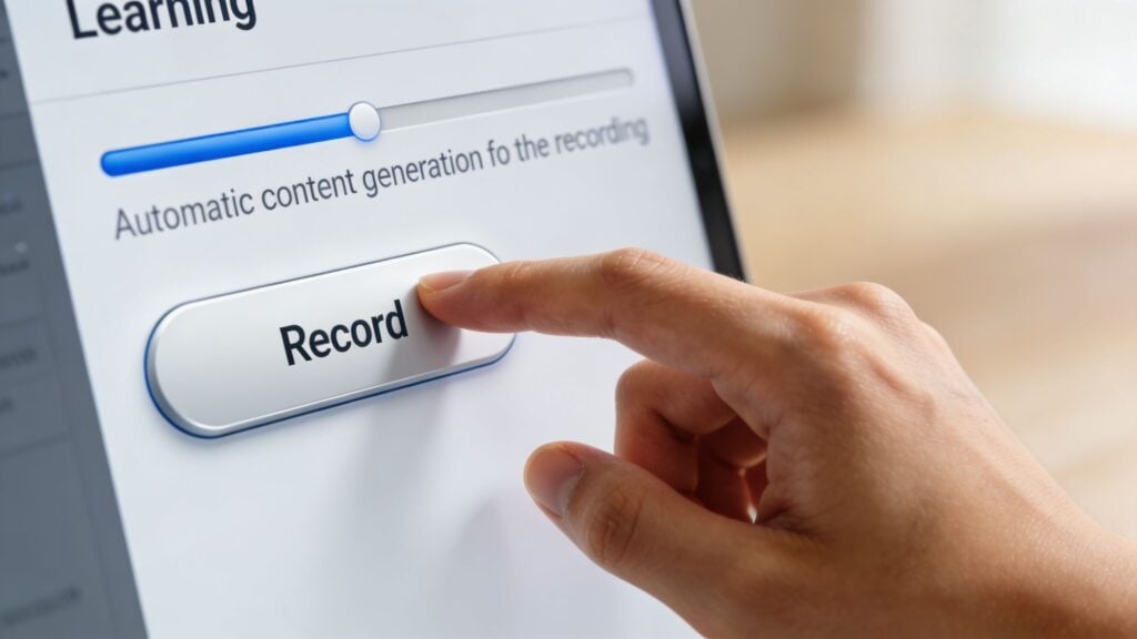 A close-up shot of a finger pressing the record button on a digital learning software interface.